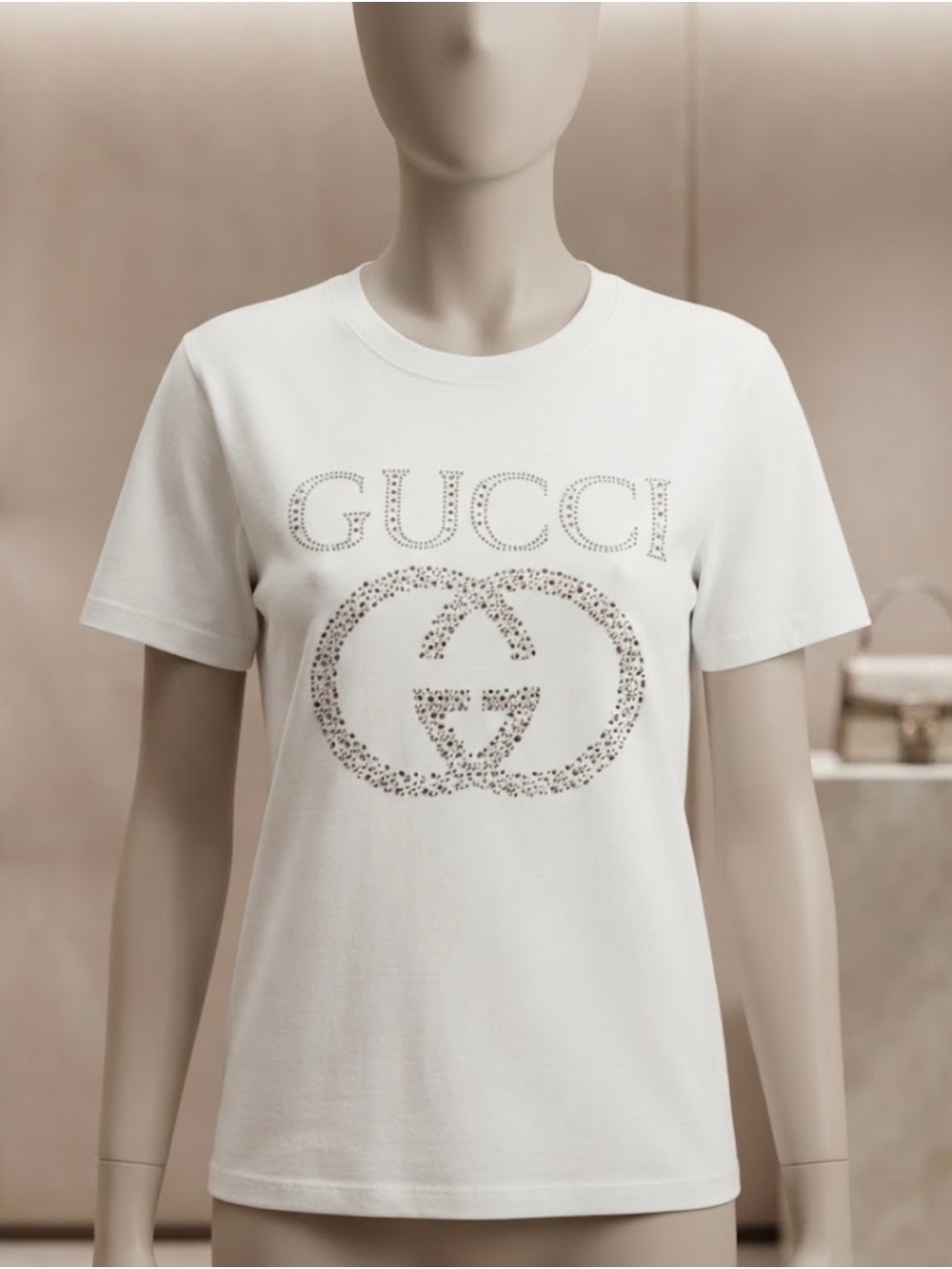 Woman’s Fashion White Crystal Logo Short-Sleeve Tee